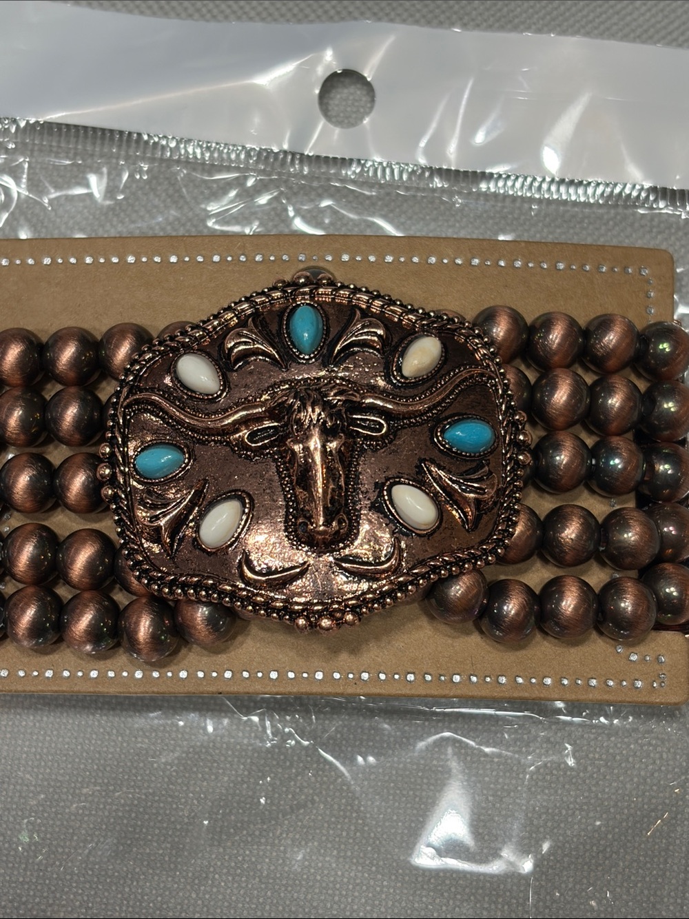 NWT Longhorn Western Trophy Buckle Turquoise White Bead Stretch Bracelet Copper - Picture 3 of 4